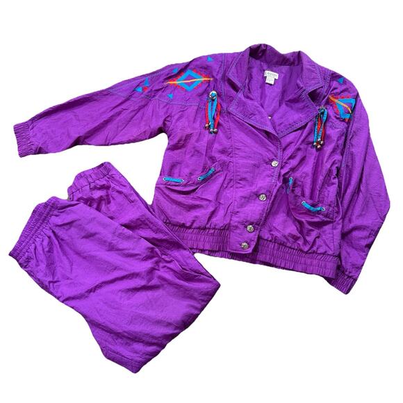 VTG Lavon Purple Nylon Tracksuit Jacket Pants Set Geometric Beaded 80s 90s Large - Picture 1 of 16